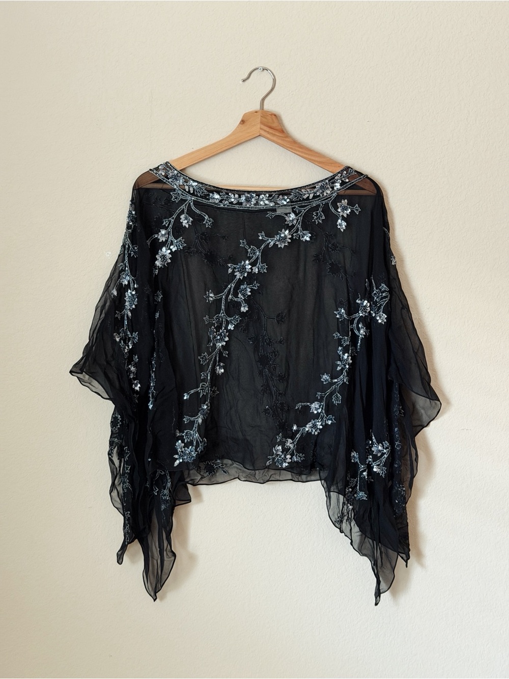 Beaded Transparent 100% Silk Poncho Cape One Size